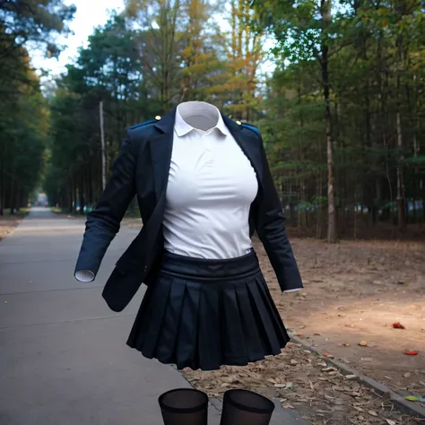 (invisible, no humans, headless, handless, faceless:1.5),cute big breasts, dynamic angle, white shirt, pleated skirt, striped necktie, collared shirt, black jacket, black skirt, long sleeves, school uniform, black socks, sarashina ruka, best quality, high ...