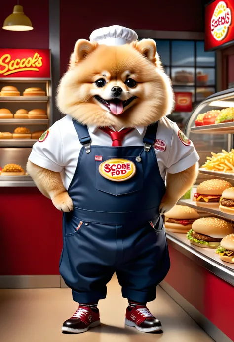  photorealistic portrait of Dressed animals-a ((fat)) (Pomeranian) worker,(furry), (elegant pose:1.5), (hands on hips:1.5),(smile:1.5),high quality,(),(lovely) ,intricate details, Wearing fast food shop uniform , ( wearing apron and cap), highly detailed (...