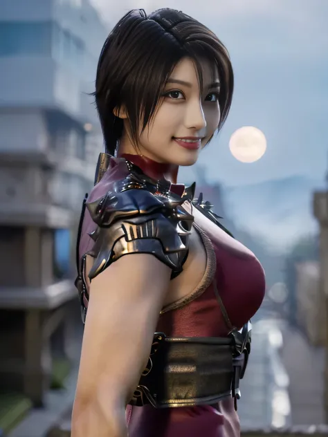 20 year old Japanese beauty，One woman、Muscular body like a bodybuilder、Emphasize the breasts、Slit eyes、A head-to-toe view，Bust is very very large、Full moon night in the background、High quality photos、Clear, crisp images of the lower body、Masterpiece 8k、Smi...