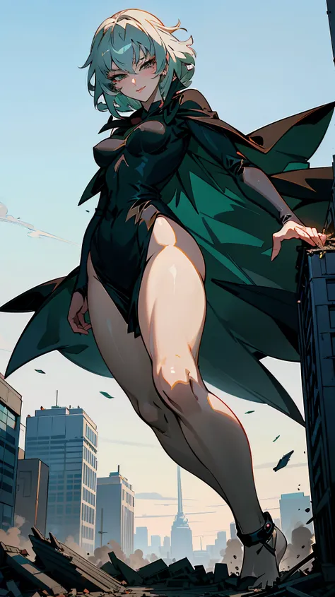 "Giantess ((Fubuki from One Punch Man)) elegant and powerful (masterpiece best quality) confident expression (real picture intricate details) (1 lady solo slender yet voluptuous body) short black hair intense green eyes (flowing cape and tight dress highli...