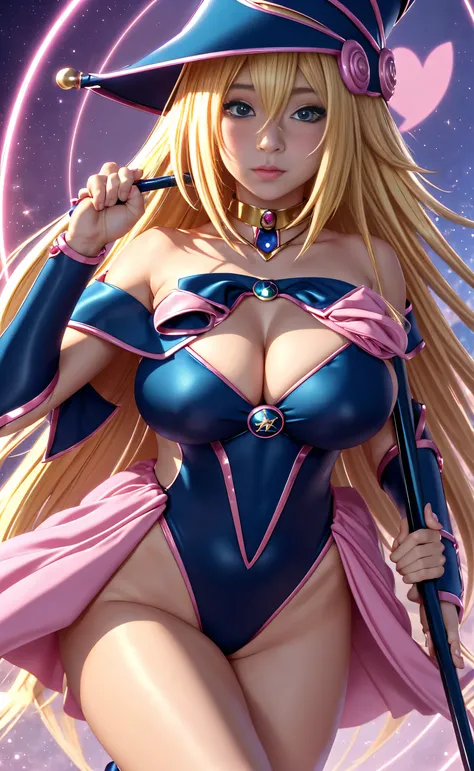 black magician girl、super chestousthick、very blonde hair、magic circle、8k, 4k, of the highest quality, High resolution: 1.2),flicker、an exposed breast、cute anime face、pink blush on the cheeks.、noise removal、Leotard that bites、have a cane、Hold your cane、