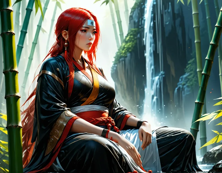 a picture of a (female monk: 1.2) sitting and meditating near a waterfall in a bamboo forest,  there is a human woman monk wearing monk garbs, (epic sized waterfall: 1.3), red hair, long hair, full body (best details, Masterpiece, best quality :1.5), ultra...