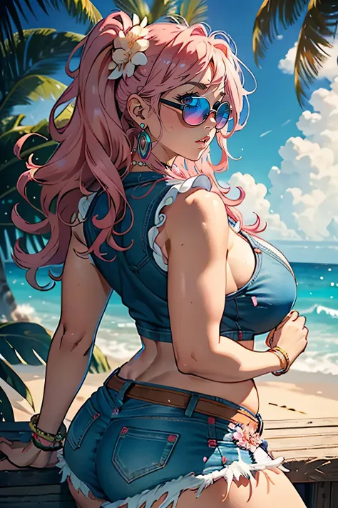 Highest quality, Solo Mature, Huge breasts, Huge Ass, Very curvaceous, Sunburned skin, Hair parted in the middle with curled ends, Ocean pink eyes, Fuller lips, Fascinating, Ocean pink sunglasses, Singlet with rhinestone beads, Pleated denim skirt, Flower ...