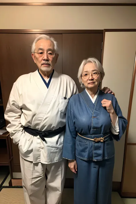 High resolution、High level image quality、high detail、masterpiece、realistic skin,、rough skitomically correct)、(two men and women standing together)、((27 year old Japanese cute big breasted 、75 year old Japanese male grandfather)）、((whole body_from head to f...