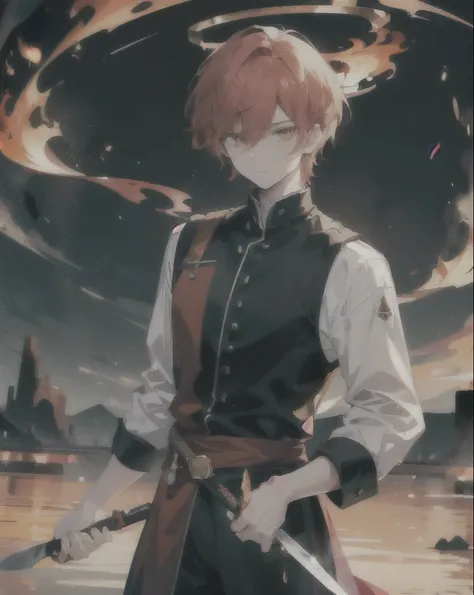 23-year-old male, 180cm tall, androgynous beauty, sharp golden eyes, short messy flame-red hair with a single vibrant red streak, medium build, ethereal appearance, wearing a disheveled black dress shirt with rolled-up sleeves, black skinny pants, holding ...