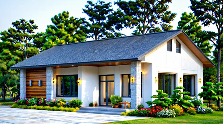 Raw photo,Masterpiece, high quality, best quality, authentic, super detail, exterior, outdoors, house style modern on the street,pavement, grass, trees, sky, cloud, (day:1.1), MIX WHITE AND Chocolate style color ; CHOCOLATE COLOR STYLE ROOF TILES, japanese...