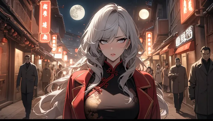 masterpiece, the best, night, full moon, 1 female, mature woman, Chinese style, China, Sister, Royal sister, cold face, Poker face, woman with long silver hair, light pink lips, calm, intellectuals, Three bangs, gray pupil, assassin, struggle, street view,...