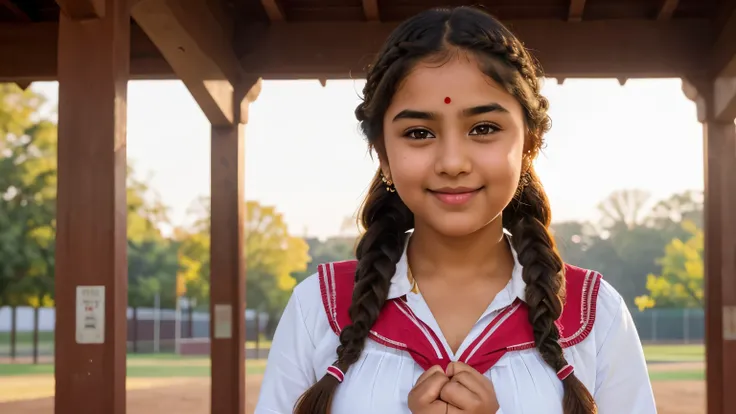 Indian school girl, ((playing ,touching ,squeezing ,grabbing )), person, (school uniform, braided hair ), (wide angel ),outside the athletic field, (chubby), photorealistic, detail, skin texture, super detail, delicate and sexy collarbone, smile, super det...