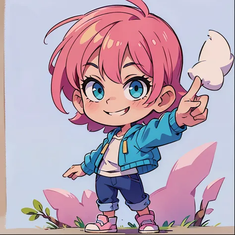 ((Cool smile))、Pink hair、short hair、Blue-green eyes、Simple clothes、Pointing Up
