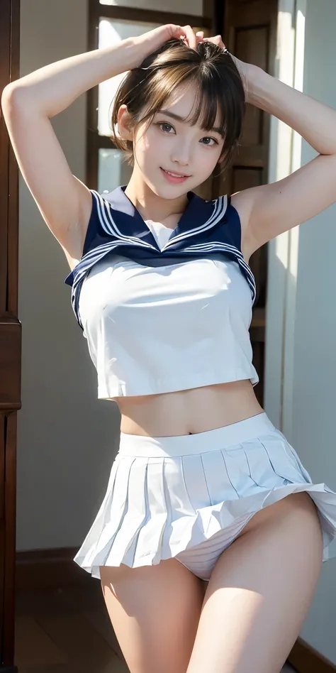 (masterpiece, Highest quality:1.2), 8k, Official Art, RAW Photos, Unbelievably absurd, (Sleeveless sailor suit、Pleated skirt:1.4), A girl of astonishing beauty,((Put your hands on your head、Armpits are visible))、Surprisingly cute smile,(((The front of the ...