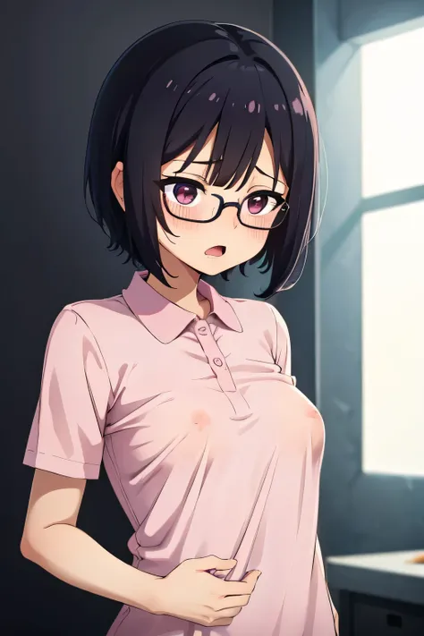 1. Female Nipple Magenta Polo Shirt, short hair, Small breasts, Embarrassing, beautiful指, Shyness, worries, Black Hair, Black eyeball, hospital, beautiful, cute, high quality, Short sleeve, Open Mouth Glasses Perfect Hands