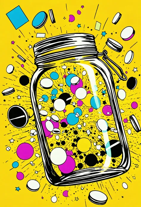 low quality、pop art、transparent jar、floating、diagonal、drugs、round tablets、round、spill、dancing in the air、yellow background、the c...