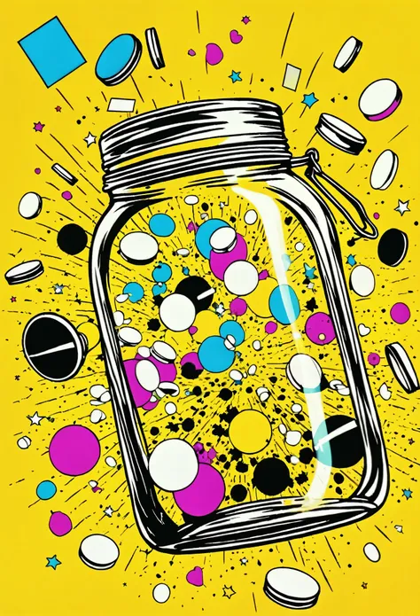 low quality、pop art、transparent jar、floating、diagonal、drugs、round錠剤、round、spill、dancing in the air、yellow background、the color i...