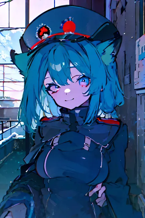 blue eyes, cyan hair, animal ears growing on the head, hat, long sleeves, smiling, military uniform, russia, abandoned school bu...