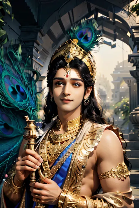 Krishna , loving man , beautiful glitter eyes , blue skin tone , smiling , divine nature, god, .holding musical instrument flute (bsansuree), peacock feathers on head.
