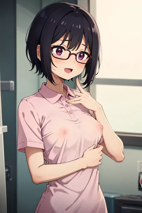 1. Female nipple full nude magenta polo shirt, short hair, Small breasts, smile, beautiful指, Shyness, worries, Black Hair, black eye, hospital, beautiful, cute, high quality, Short sleeve, Open Mouth Glasses Perfect Hands