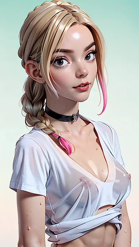 one girl, solo, (abs:1.5), slender body, fit body, (upper body, bust:1.2), (black eyes:1.3), blonde hair, (two cute braids:1.2), masterpiece, highly detailed, look at viewer, front view, (small breasts, tiny breasts, male chest, exposed breasts, deep cleav...