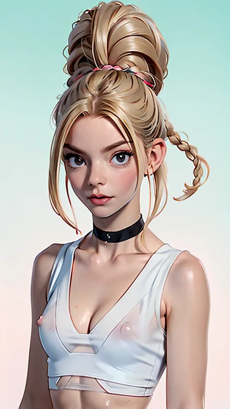 one girl, solo, (abs:1.4), slender body, fit body, (upper body, bust:1.2), (black eyes:1.3), blonde hair, (two cute braids:1.2), (bare shoulders:1.2), masterpiece, highly detailed, look at viewer, front view, (small breasts, tiny breasts, male chest, expos...