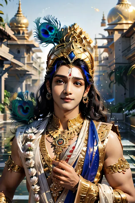 krishna , blue skin tone, loving man , beautiful glitter eyes , blue skin tone , smiling , divine nature, god, holding musical i...