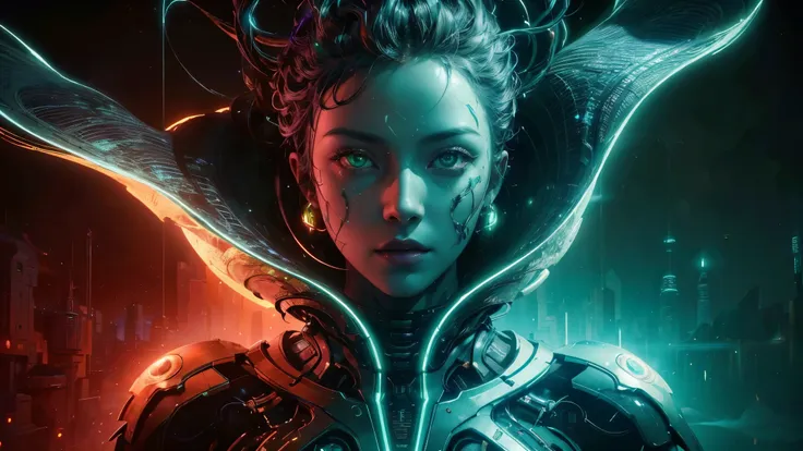 a striking cinematic portrait showcasing the power and intricacies of ai. the photo features a futuristic ai character with a me...