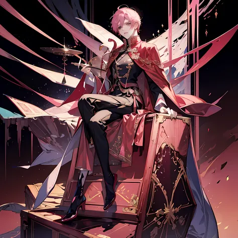 Highest quality、Highest quality、Tall Man、whole body、Pink Hair、Red thief suit with a cape、Heel Boots、Sitting on a jewelry box、Long legs、Sexy and glamorous man、Rose