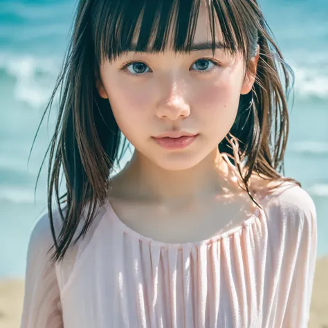 8k, highest quality, masterpiece, super high resolution, (realistic:1.4), RAW Photos, (Film Grain:1.3), One Girl, portrait of a Japanese woman, 30 years old, standing on the beach, a cute face, detailed face, detailed eyes, {short|long} hair, correct body ...