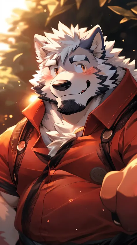 human nature, wild animals, male, 36 years old，uncle，solitary, ((Round Face, The face is plump,  Orange Eyes, Thick white hair，Scars)), ((Endomorph, Handsome，Hot Blood)), （Mecha suit，no electricity，exhausted), ((domestic white wolf, Wolf Orc) Fluffy fur, F...