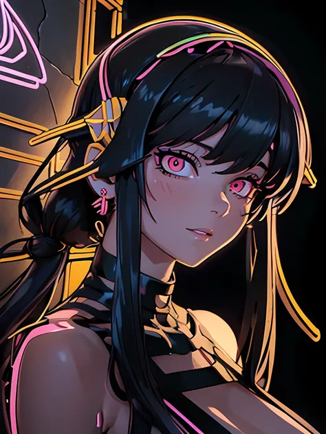 (Glowing neon outline), close up, Very beautiful woman, Yor-Briar, Yor-Forger, woman in a long evening dress, Yor-style hair accessory and earrings, Red eyes and black hair, ((neon outlines body:1.3, neon outlines face:1.3)), Toon Shader Rendering, Ultra-R...