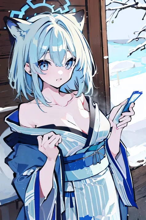  Blue eyes Light blue hair Animal ears Surprised Kimono Kimono partially off Cleavage visible Hot spring Snow