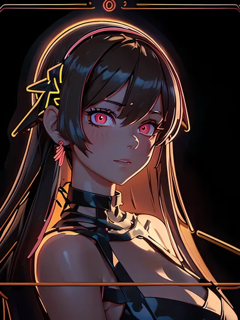 (Glowing neon outline), close up, Very beautiful woman, Yor-Briar, Yor-Forger, woman in a long evening dress, Yor-style hair accessory and earrings, Red eyes and black hair, ((neon outlines body:1.3, neon outlines face:1.3)), Toon Shader Rendering, Ultra-R...