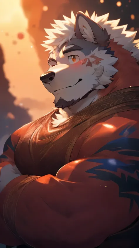 human nature, wild animals, male, 36 years old，uncle，solitary, ((Round Face, The face is plump,  Orange Eyes, Thick white hair，Scars)), ((Endomorph, Handsome，Hot Blood)), （Mecha suit，no electricity，exhausted), ((domestic white wolf, Wolf Orc) Fluffy fur, F...