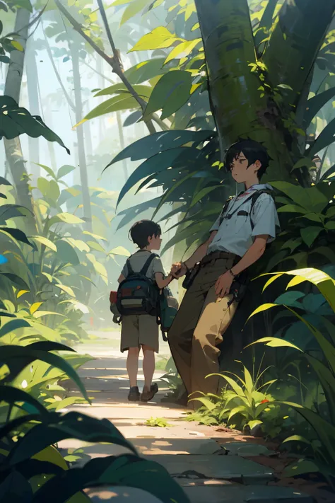 a boy and a girl on the way of a jungle to exploar the hidden word