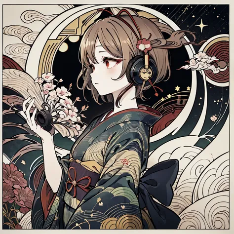 Highest quality, Tabletop, (girl, kimono, Red eyes, profile, Wavy short hair, Brown Hair, Upper Body), (moon, Greenish foliage), Long eyelashes, alone, firework, ((background: night, starry sky)), ((headphones)), ((ukiyo-e style)),