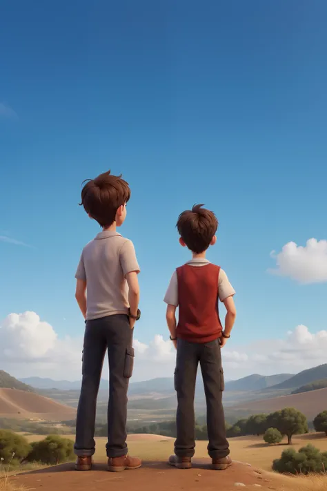 2 boy and a girl and standing on the hills and waching to the sky