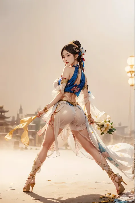 Chinese girl holding gold coins , Thick body, Curvy body, Bending at waist, Large Breasts, White skin, Gorgeous clothing with exquisite embroidery, Exposing breasts, Flowing tulle, Long transparent colored ribbon tied around the arm, Inspired by Cinderella...