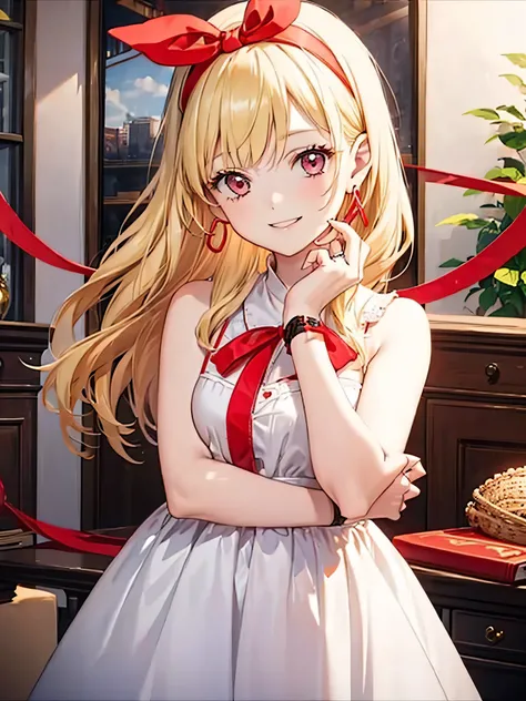 (RED Ribbon on HAIRband:1.2),cowboy shot,,a young GIRL with Blonde hair, smiling, posing on the ROOM, 1girl, jewelry, earrings, solo, realistic, hoop earrings, outdoors, looking at viewer, smile, Blonde hair,