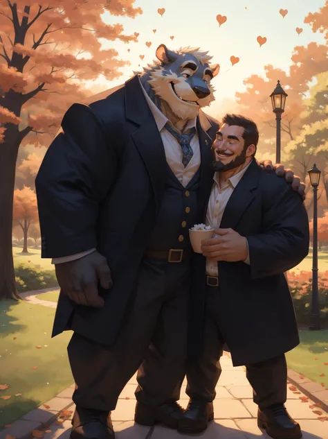 4K, detailed, soft color, Vintage images, highres, park, unparalleled masterpiece, absurdres, love story of human old man and giant huge Muscular furry, hug, hugging, pair, Height difference, Physical difference, perfect anatomy, smile, joyful, play with, ...