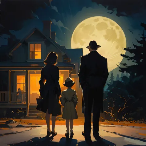 A painting of a family standing in front of a house at night, inspirado em Art Frahm, Direction: Jon Whitcomb, por Jason Benjamin, in front of a full moon, Rhads e Lois Van Baarle, Rob Rey, angus mcbride, looking at the full moon, style of tim hildebrandt,...