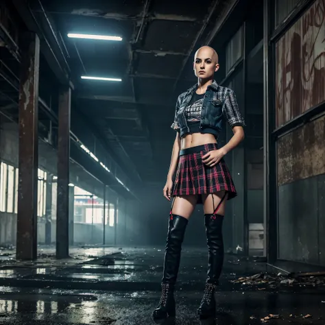 A beautiful bald girl in punk clothing and a plaid skirt, ripped stockings and high boots, hides from the rain in an abandoned building, smoking a cigarette.  , Its raining outside, neon evening, realistic portrait sad girl, beautiful bald girl