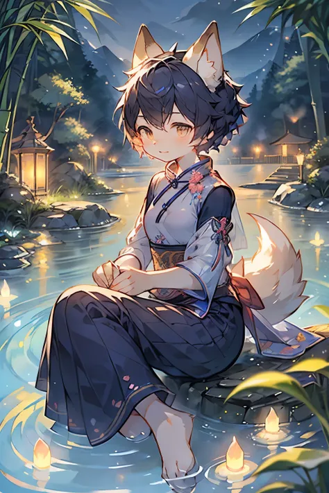 (Beautiful ancient Chinese architecture, Moonlight shimmers, Night lake, Bamboo forest conceals, Stone bridge archway,Rockery trails, Blooming water lilies, Hot spring steam, Auspicious moonlight illustration: 1.0), Fox Girl,cheongsam,Horse face long skirt