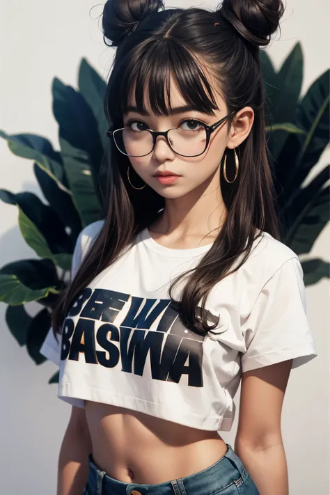 1girl, (skinny body), (flat chest:1.2),long hair with 2 buns and bangs,wearing glasses, cropped white t-shirt printed with big letters, portrait,earrings