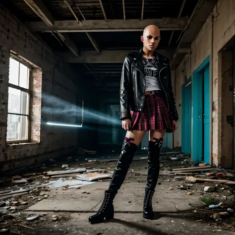 A beautiful bald girl in punk clothing and a plaid skirt, ripped stockings, and high boots sits on her haunches in an abandoned building and smokes a cigarette.  , Its raining outside, neon evening, realistic portrait sad girl, beautiful bald girl