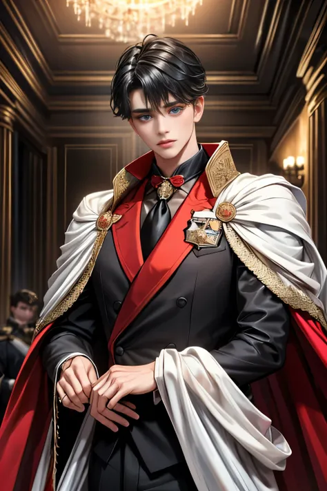 masterpiece, 最high quality, high quality, 1 boy, alone, Male focus, Upper Body,Watching the audience, Messy black hair, Adorable big blue eyes, White, Noble, Noble,A black and red cape that is bursting with sexy volume、Tuxedo、A very voluminous, large, very...