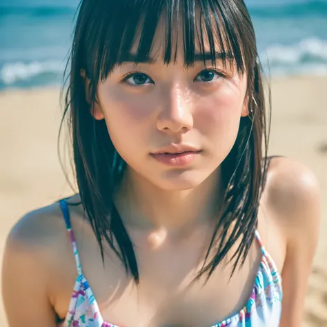 8k, highest quality, masterpiece, super high resolution, (realistic:1.4), RAW Photos, (Film Grain:1.3), One Girl, portrait of a Japanese woman, 30 years old, standing on the beach, a cute face, detailed face, detailed eyes, {short|long} hair, correct body ...