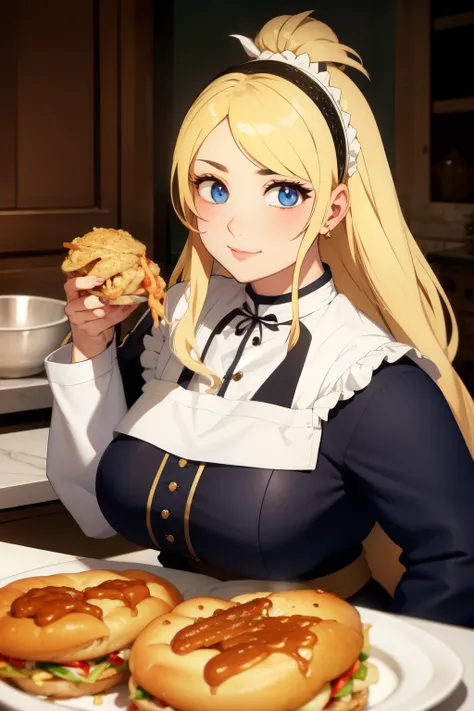 medieval girl with blonde hair, realize she weight gain, royal taster kitchen clothes, eating food