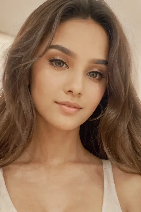 Make an cute female indian influencer (Face Shape: she has an oval face with a slightly pointed chin. Her face is symmetrical and well-proportioned.Skin Tone: She has a warm, light-to-medium skin tone with a natural glow.Eyes: Her eyes are almond-shaped, ...