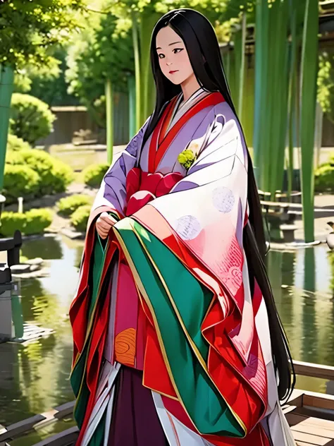 (A scene of a bamboo forest with a fantastical atmosphere;1.2)、(Bamboo forest obscured by morning mist:1.2)、(Blur the background:1.2)、 Princess Kaguya、One person, junihitoe, alone, Very long black hair, Purple and Red Tangyi, Purple and red hakama, Holding...