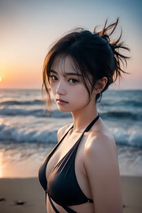 Hair blowing in the wind、Sweaty skin、Sweaty hair、Wet clothes、Coast at dusk,A cute girl with a face like a Japanese idol, Short Hair, Skinny body、athlete、(Cinema Lighting),(Natural light),(High level of artistry),(artistic),(Indistinguishable quality from t...