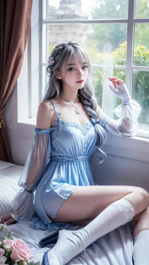 (Image above),Dynamic Angle,Very detailed, shape, straight, 1 person, (Fantasy:1.4), (Bright Blue Eyes:1.233),Her eyes shone like dream-like stars,(Glowing Eyes:1.233),(Beautiful and delicate eyes:1.1),(Silver Hair:1.14),(Messy Hair,Very long hair,French B...