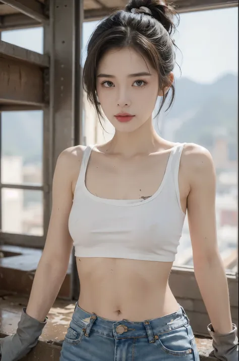 (((best quality))), (((ultra detailed))), (((masterpiece))), illustration,((a beautiful girl,solo)),(short ponytail:1.2),(flushed cheeks:1.3),((sweat,wet)),((slim,thin)),((small breasts,flat chest)), (dirty torn white tank top:1.3),(navel:1.2),(tattered je...